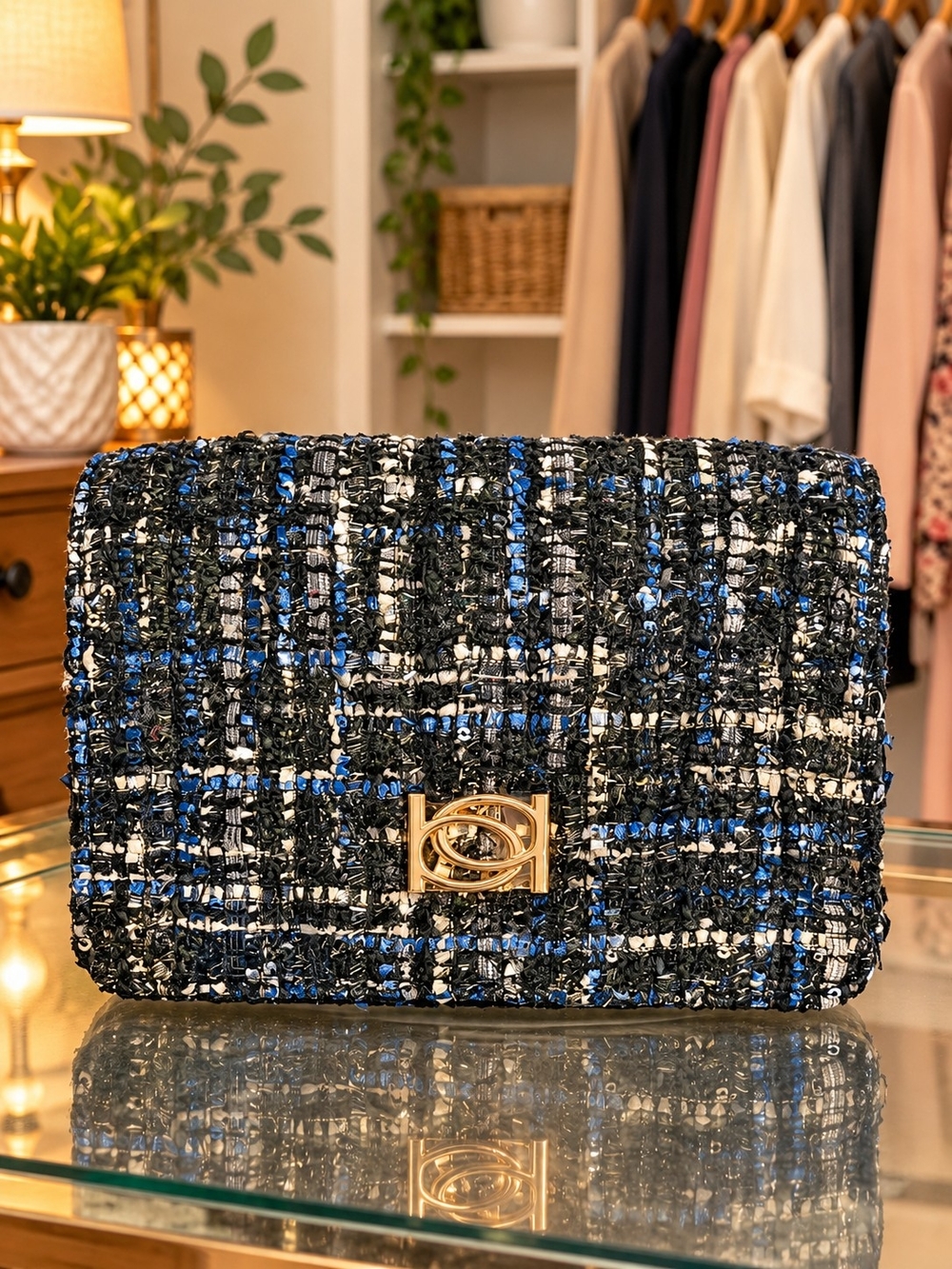 New BEBE Tweed Shoulder Bag with Gold Chain – Black, Blue & White